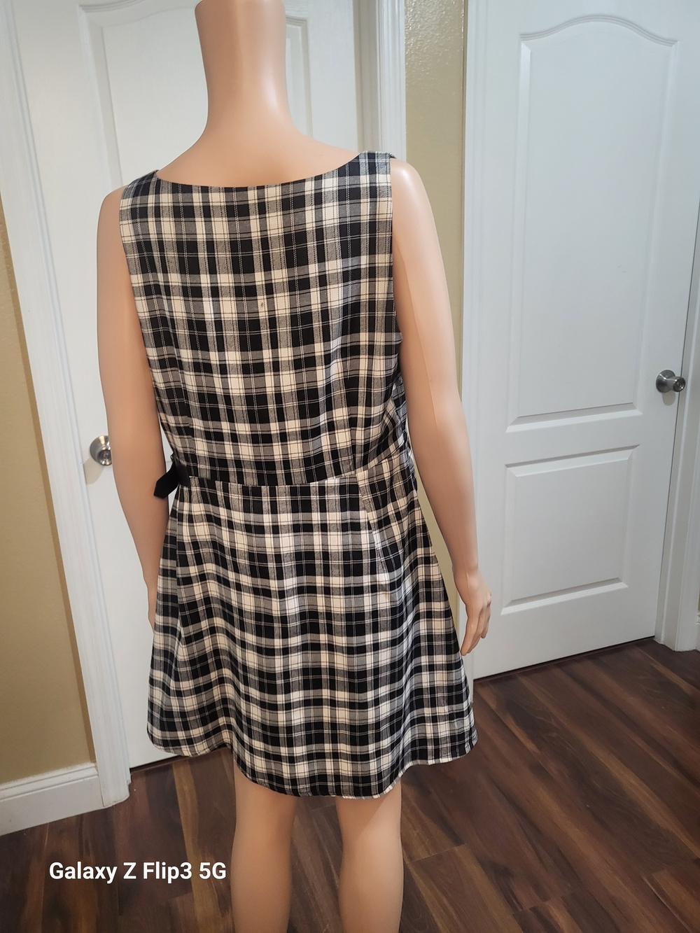 Cider Plaid Asymmetric Side Buckle Mini Dress Black White Square Neck 0XL Plus. - Picture 2 of 13